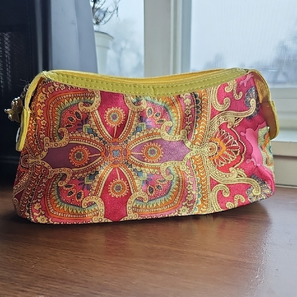 New Sisley-Paris Pink and Yellow Paisley Satin Make-up Cosmetic Bag